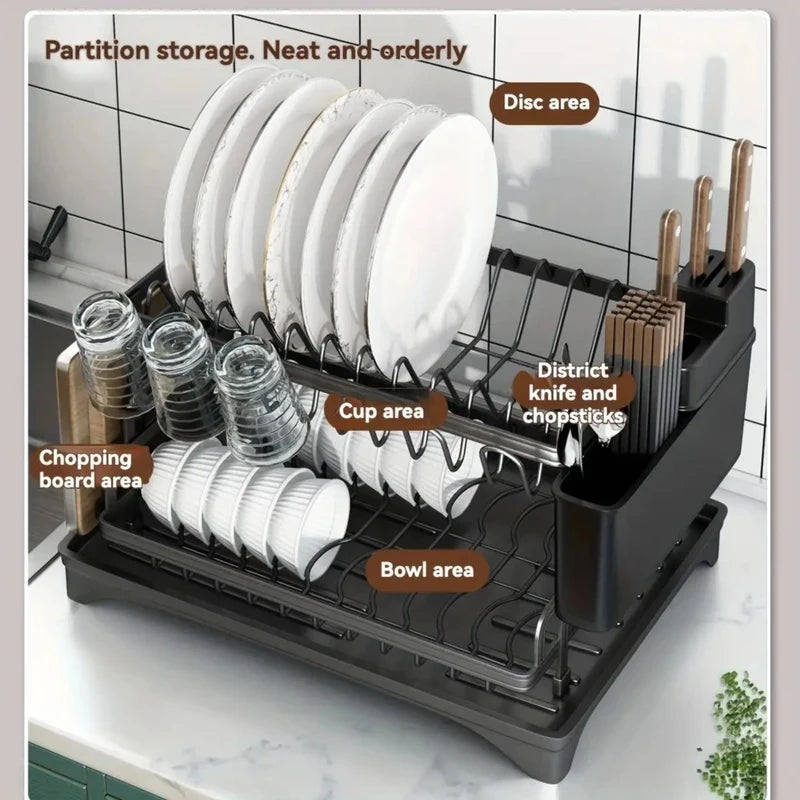Escurridor de platos de cocina negro de 2 niveles, escurridor multifuncional para vajilla con soporte para palillos, cuchillos, tenedores y tazas.