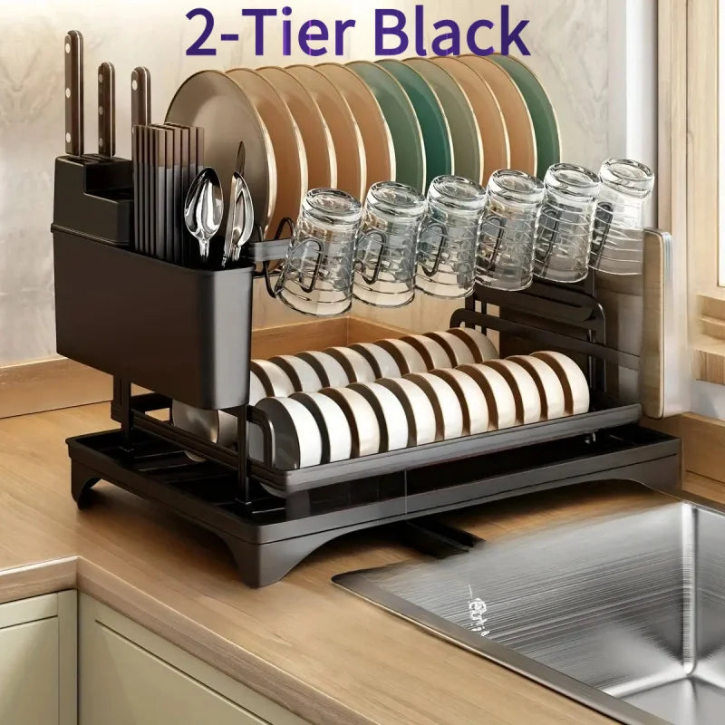 Escurridor de platos de cocina negro de 2 niveles, escurridor multifuncional para vajilla con soporte para palillos, cuchillos, tenedores y tazas.