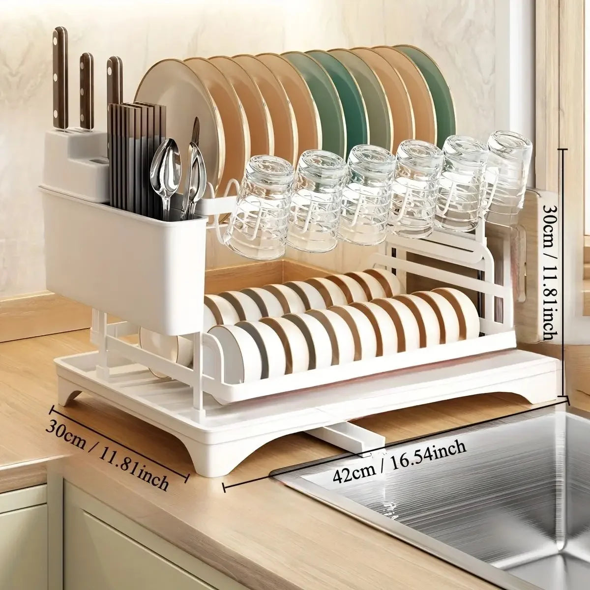 Escurridor de platos de cocina negro de 2 niveles, escurridor multifuncional para vajilla con soporte para palillos, cuchillos, tenedores y tazas.
