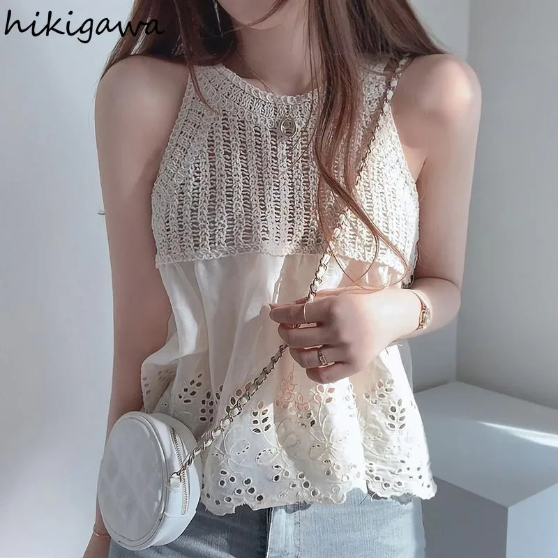Camiseta sin mangas estilo coreano para mujer, tops cortos 2025 Ropa Mujer Chaleco blanco calado con cuello redondo, camisetas sin mangas de verano 27w481