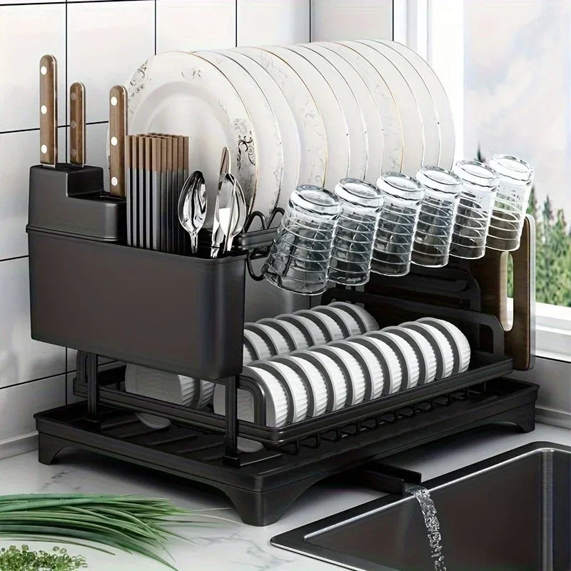 Escurridor de platos de cocina negro de 2 niveles, escurridor multifuncional para vajilla con soporte para palillos, cuchillos, tenedores y tazas.