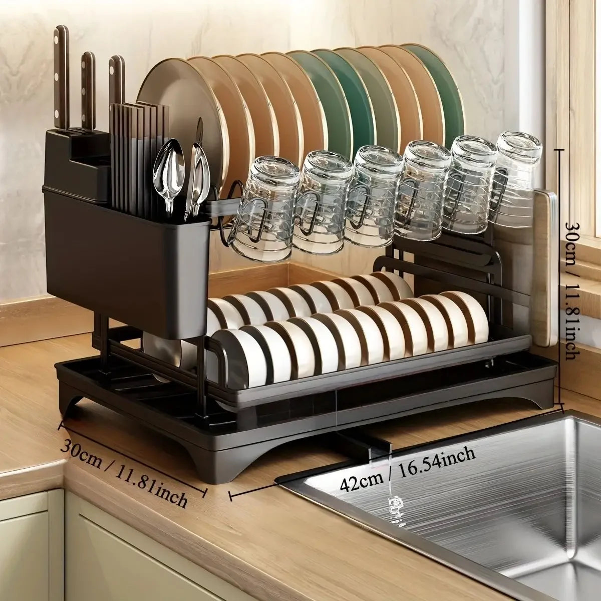 Escurridor de platos de cocina negro de 2 niveles, escurridor multifuncional para vajilla con soporte para palillos, cuchillos, tenedores y tazas.