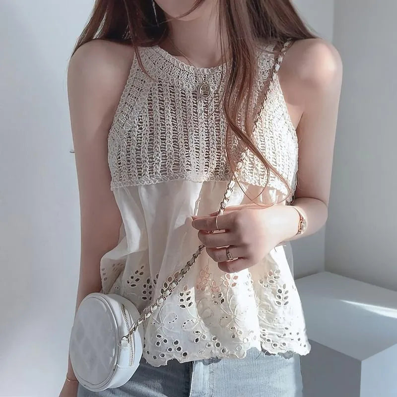 Camiseta sin mangas estilo coreano para mujer, tops cortos 2025 Ropa Mujer Chaleco blanco calado con cuello redondo, camisetas sin mangas de verano 27w481