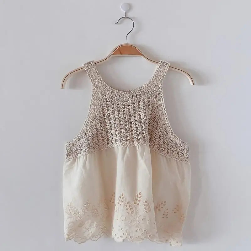 Camiseta sin mangas estilo coreano para mujer, tops cortos 2025 Ropa Mujer Chaleco blanco calado con cuello redondo, camisetas sin mangas de verano 27w481
