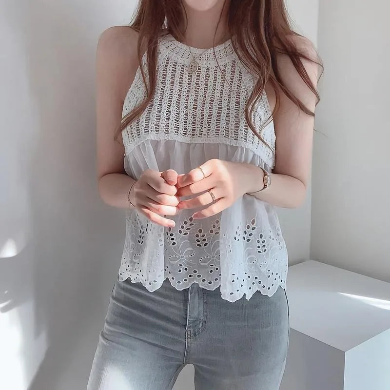 Camiseta sin mangas estilo coreano para mujer, tops cortos 2025 Ropa Mujer Chaleco blanco calado con cuello redondo, camisetas sin mangas de verano 27w481