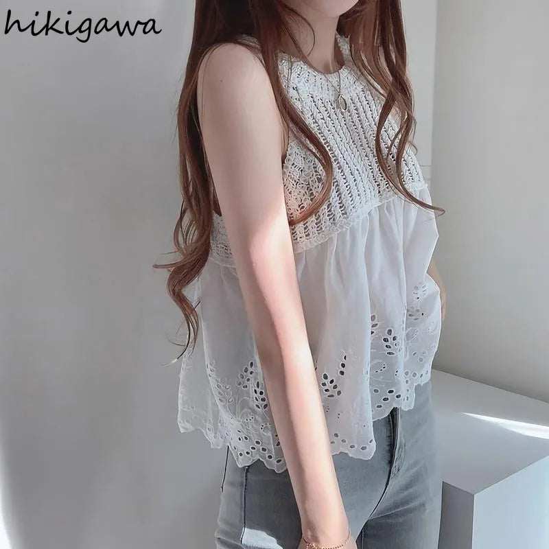 Camiseta sin mangas estilo coreano para mujer, tops cortos 2025 Ropa Mujer Chaleco blanco calado con cuello redondo, camisetas sin mangas de verano 27w481