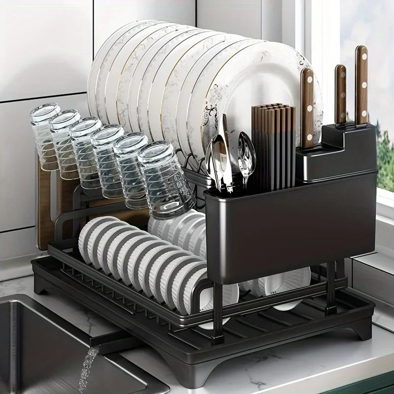 Escurridor de platos de cocina negro de 2 niveles, escurridor multifuncional para vajilla con soporte para palillos, cuchillos, tenedores y tazas.