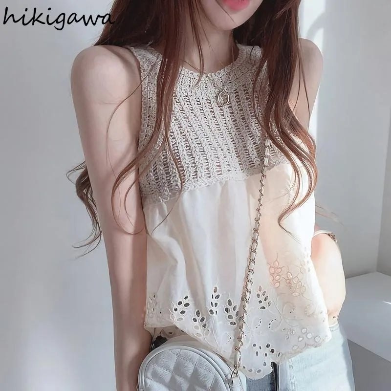 Camiseta sin mangas estilo coreano para mujer, tops cortos 2025 Ropa Mujer Chaleco blanco calado con cuello redondo, camisetas sin mangas de verano 27w481
