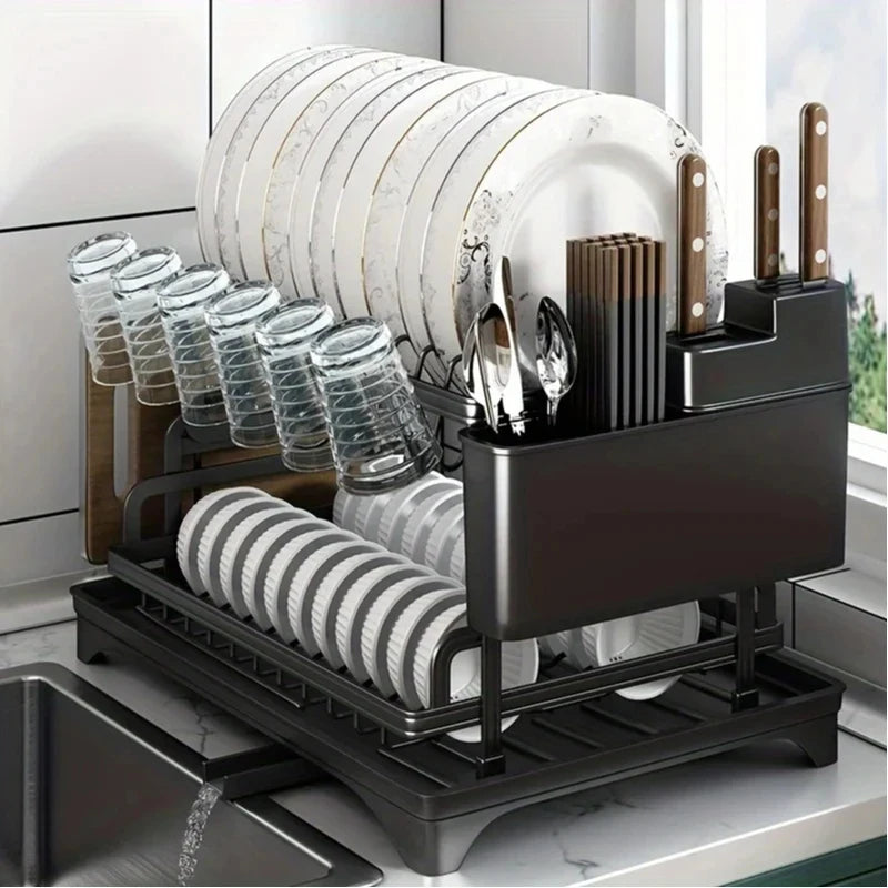 Escurridor de platos de cocina negro de 2 niveles, escurridor multifuncional para vajilla con soporte para palillos, cuchillos, tenedores y tazas.