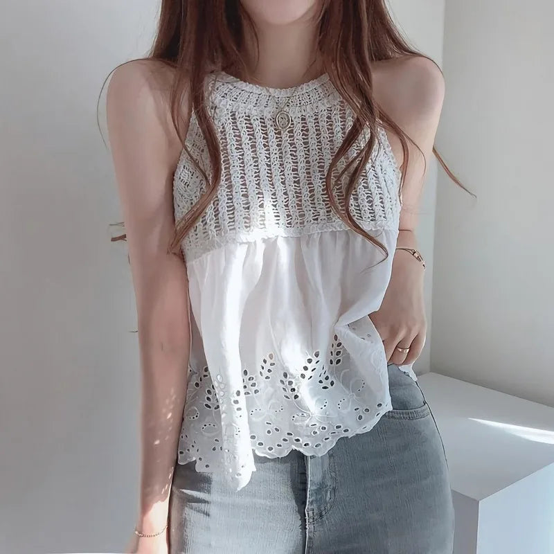 Camiseta sin mangas estilo coreano para mujer, tops cortos 2025 Ropa Mujer Chaleco blanco calado con cuello redondo, camisetas sin mangas de verano 27w481