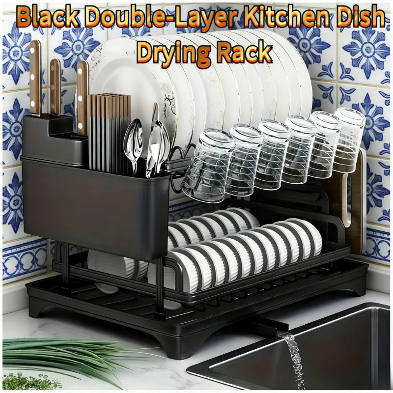 Escurridor de platos de cocina negro de 2 niveles, escurridor multifuncional para vajilla con soporte para palillos, cuchillos, tenedores y tazas.