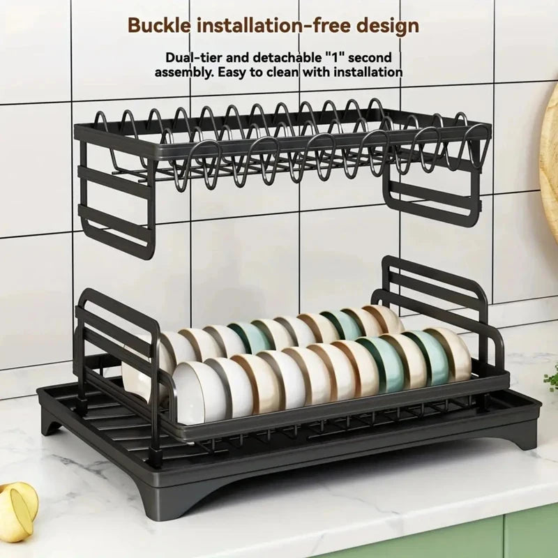 Escurridor de platos de cocina negro de 2 niveles, escurridor multifuncional para vajilla con soporte para palillos, cuchillos, tenedores y tazas.
