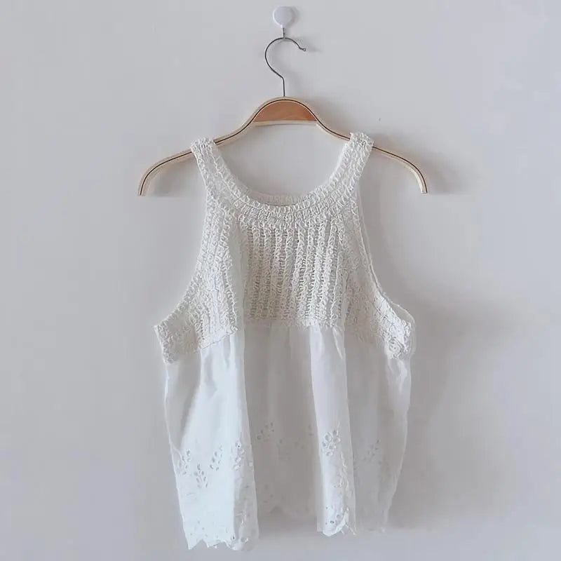 Camiseta sin mangas estilo coreano para mujer, tops cortos 2025 Ropa Mujer Chaleco blanco calado con cuello redondo, camisetas sin mangas de verano 27w481